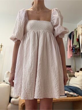Textured Square-Neck Puff Sleeve Mini Dress - Light Blush